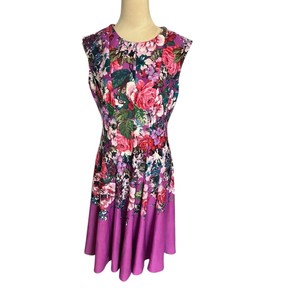 Maison Tara Women's Dress Floral Purple Jacquard Fit & Flare Pleated Sz 12